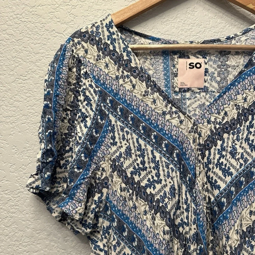 SO Goods For Life Blue Floral Stripe Faux‎ Wrap Dress XXL Short Sleeve V-Neck